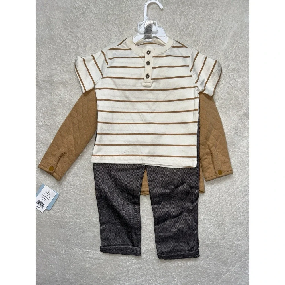 Little Lad Boys 3pc Set Quilted Jacket Striped Henley Herringbone Pants 4T Khaki